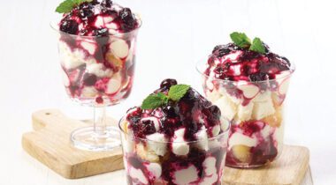 three different glass cups with blueberry desserts
