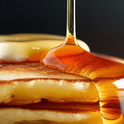 syrup being drizzled over pancakes and butter