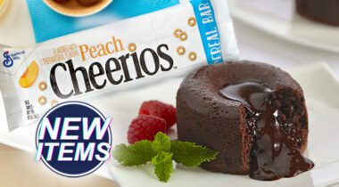 new items graphic with peach cheerios cereal bar and chocolate lava cake on white plate with 2 raspberries and mint leaves