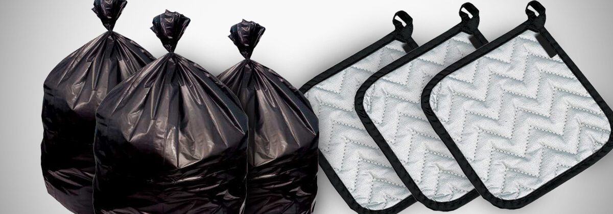 three bags of trash and three grey pot holders over white background