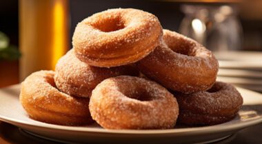 pile of pumpkin donuts on white plate in restaurant