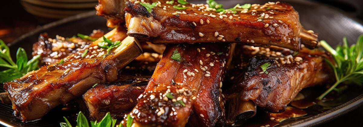 wood plate of cooked pork ribs with sauce and scallions