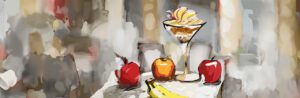 a martini glass with a parfait in it, with bananas sticking out of the to of it, with two apples on either side, and unpeeled bananas in the foreground, with w restaurant dinign room in the background, the whole image is smudged as if if it were painted