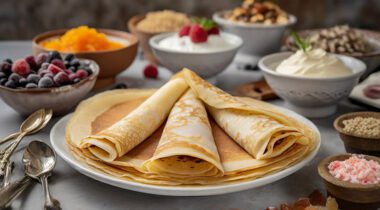 plain crepes on a plate with toppings in the background