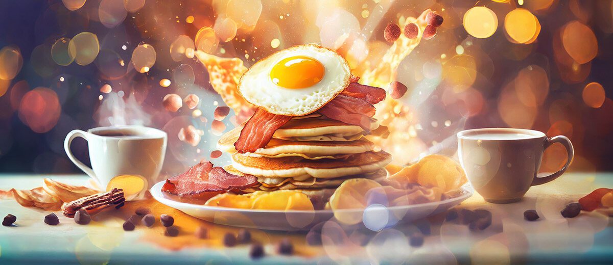 AI gen image of breakfast foods on a plate, bokeh, explosion style
