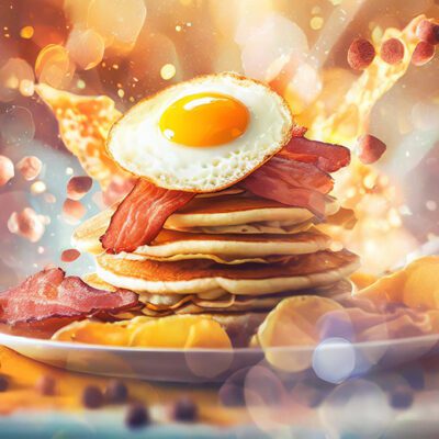 AI gen image of breakfast foods on a plate, bokeh, explosion style