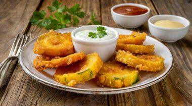 fried summer squash slices with dipping sauce