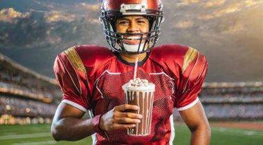 a football player holding a chocolate milkshake