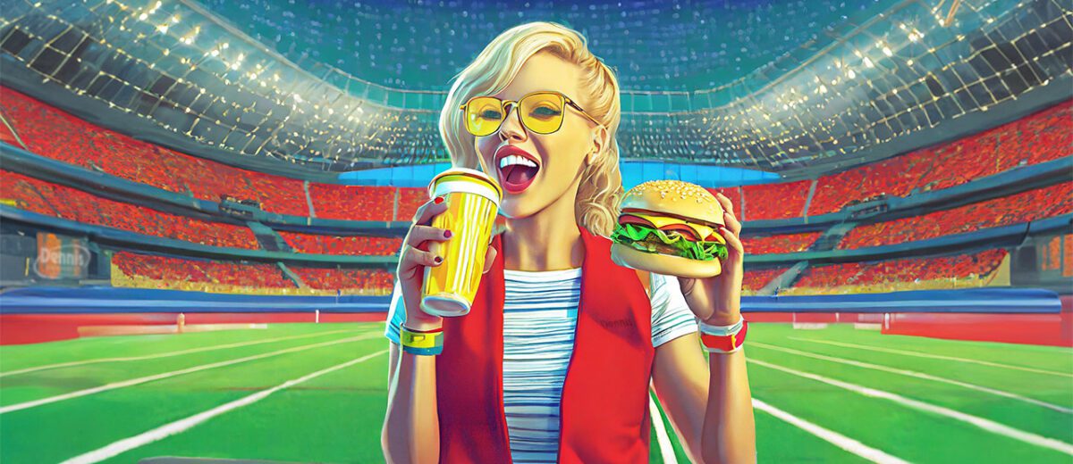 ai painting of a blonde woman eating a cheeseburger in a stadium