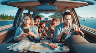 A hungry family traveling through scenic New England, interior car view.
