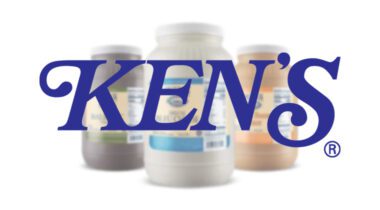 Ken's logo over 3 large containers of dressings graphic image