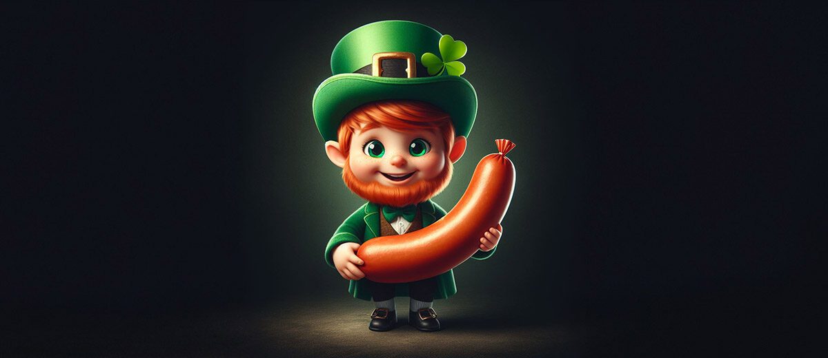 illustration of adorable leprechaun holding a sausage