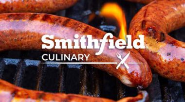 smithfield logo over sausage links on a grill