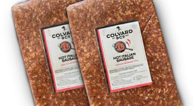 two packages of hot Italian ground sausage, graphic image over white background