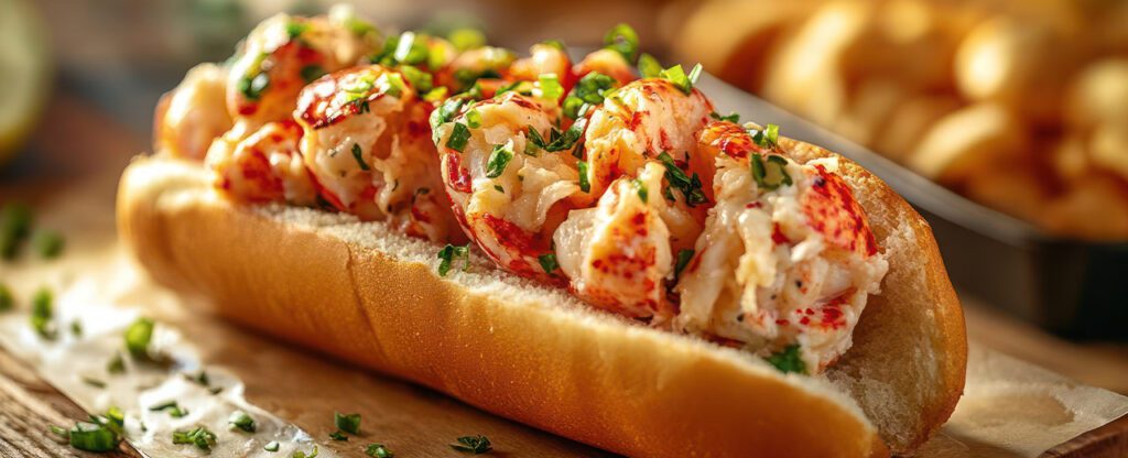 a lobster roll on a plate with butter and a lemon wedge