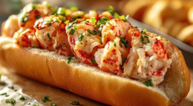 a lobster roll on a plate with butter and a lemon wedge