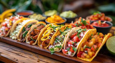 a variety of tacos on a wooden cutting board