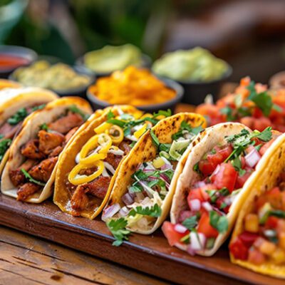 a variety of tacos on a wooden cutting board