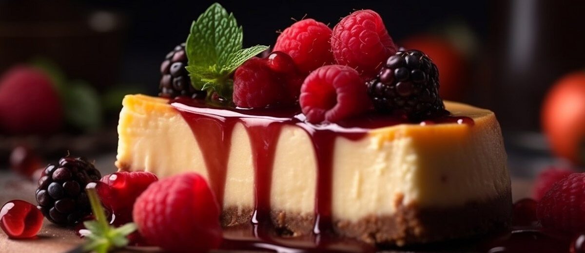 Slice of cheesecake with fruit atop and tan liquid being drizzled over top.