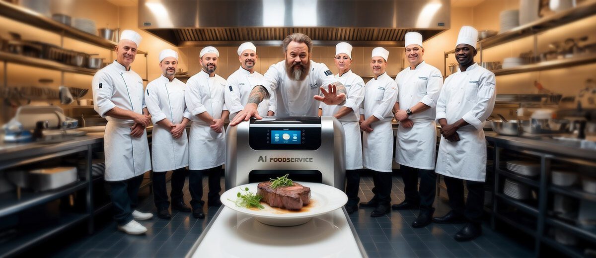 chefs in a kitchen gathered around a machine making a steak