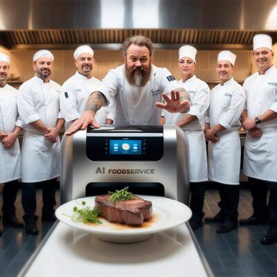 chefs in a kitchen gathered around a machine making a steak