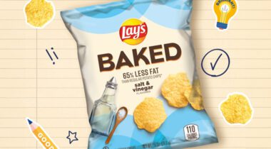 unopened package of Lays Baked Salt & Vinegar Chips over graphic image of line paper and graphics of chips, pencils, lightbulb and pen markings.