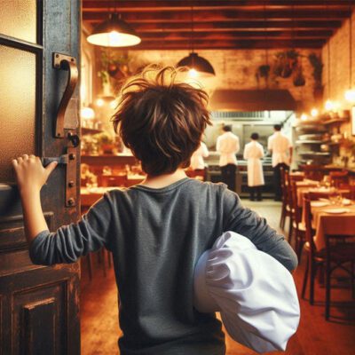 a boy holding a chef's hat peers through a door into a restaurant