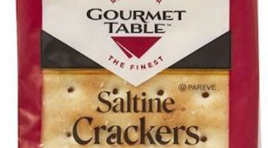 2 saltine crackers wrapped in plastic with red lines down the side