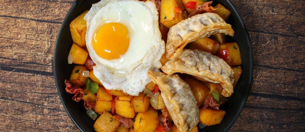 sunny side egg on hash with potstickers