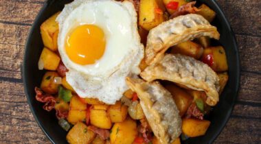 sunny side egg on hash with potstickers