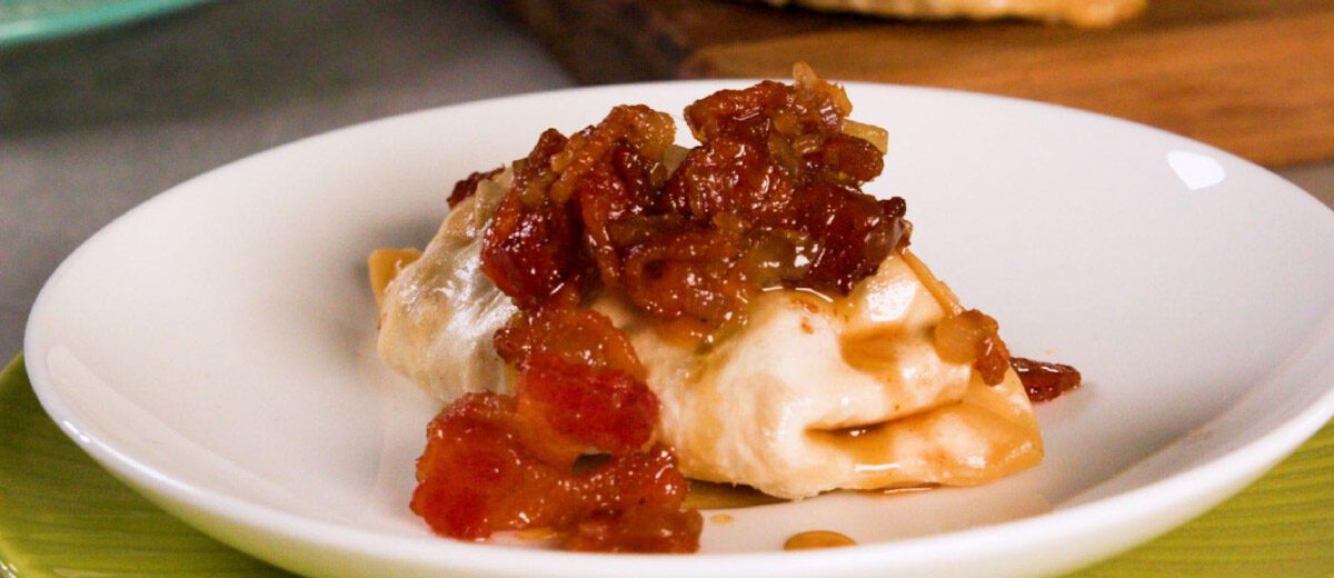 potsticker topped with bacon jam