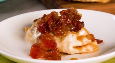 potsticker topped with bacon jam