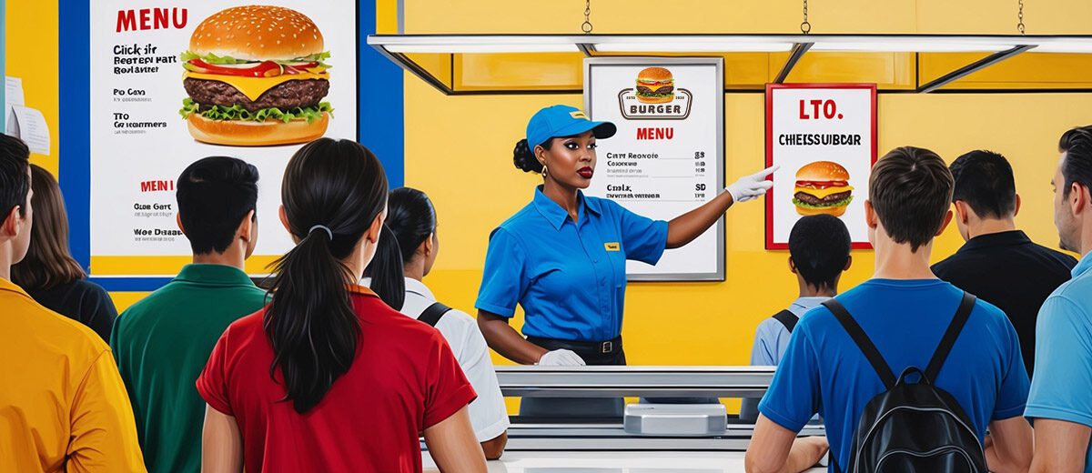 illustration of a food worker pointing to a sign as customers line up at the counter