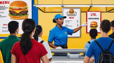 illustration of a food worker pointing to a sign as customers line up at the counter