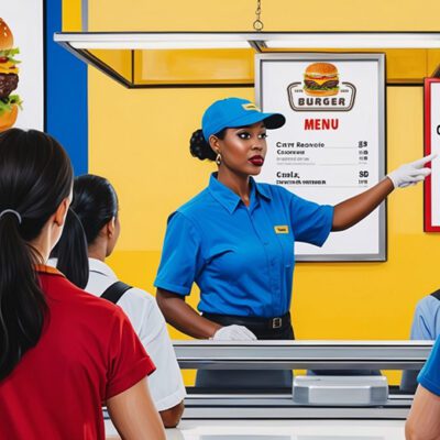 illustration of a food worker pointing to a sign as customers line up at the counter