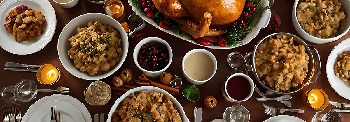 a thanksgiving meal shot from above, but instead of side dishes it's all stuffing