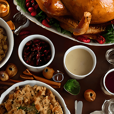 a thanksgiving meal shot from above, but instead of side dishes it's all stuffing