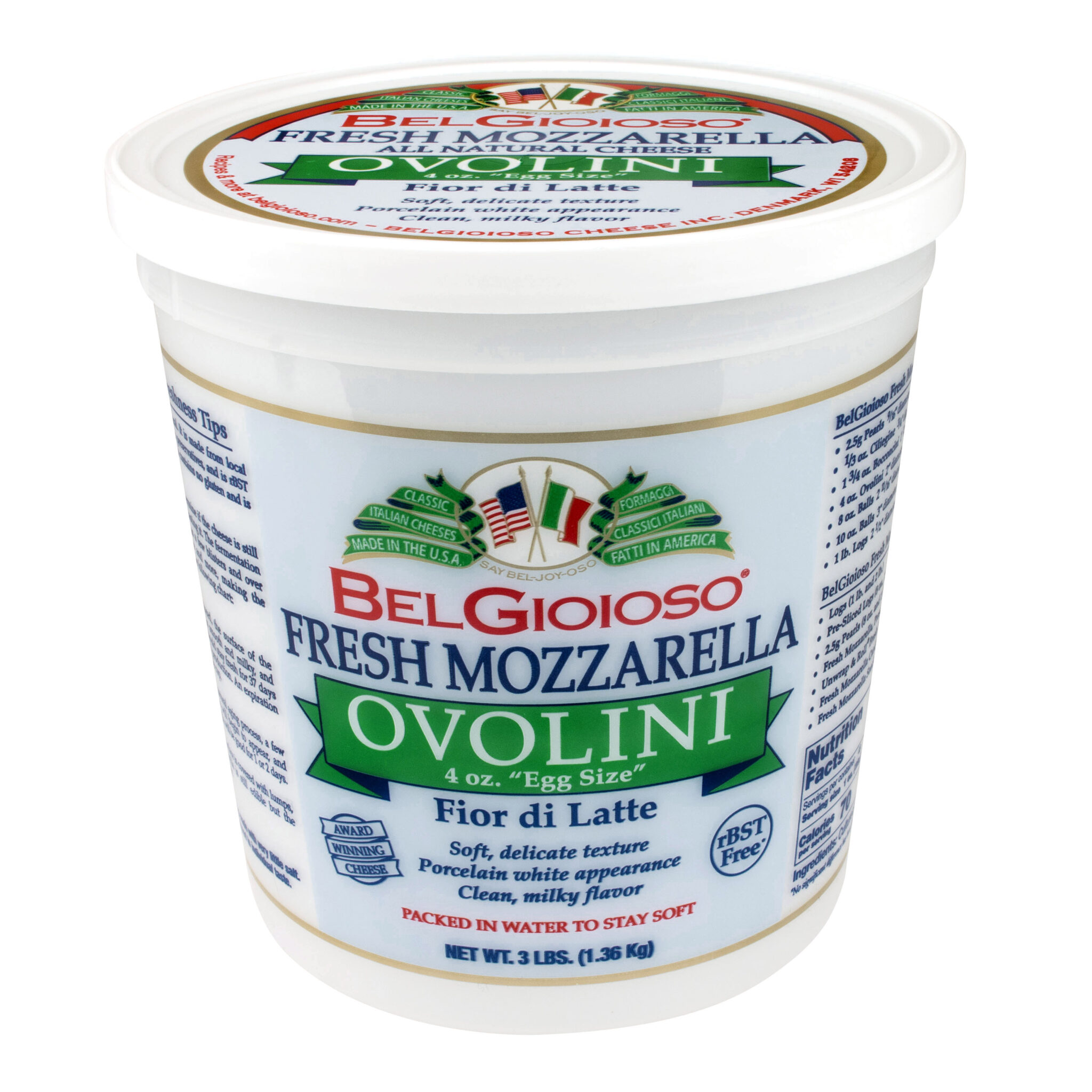 a white tub that say "fresh mozzarella ovolini" with a BelGioioso label on it