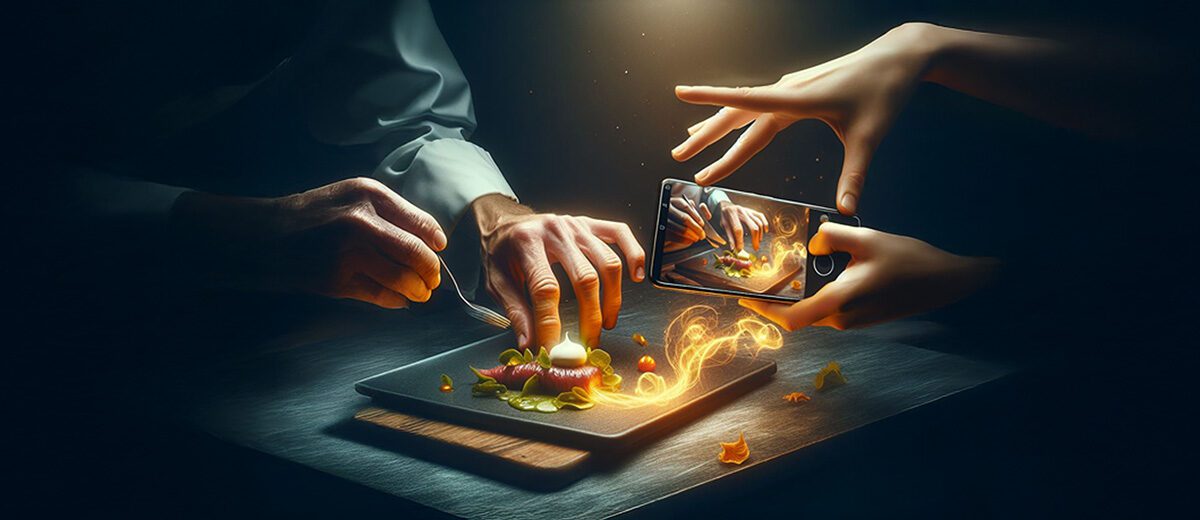 graphic showing hands plating food and photographing it with glowing gold embellishments conneting them