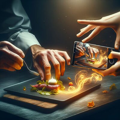 graphic showing hands plating food and photographing it with glowing gold embellishments conneting them