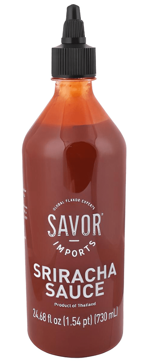 a bottle of savor imports sriracha sauce, clear bottle with red sauce inside and a black cap