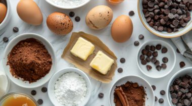 dessert ingredients in white bowls on tabletop