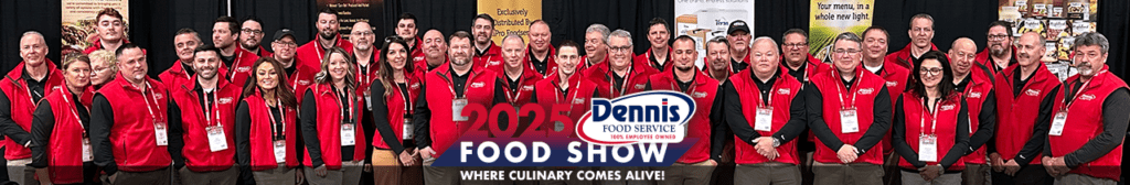 team of people in red vests with food show logo in foreground