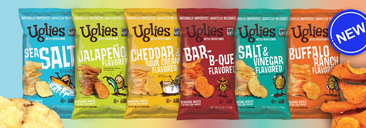 Six colorful chip bags with new graphic image