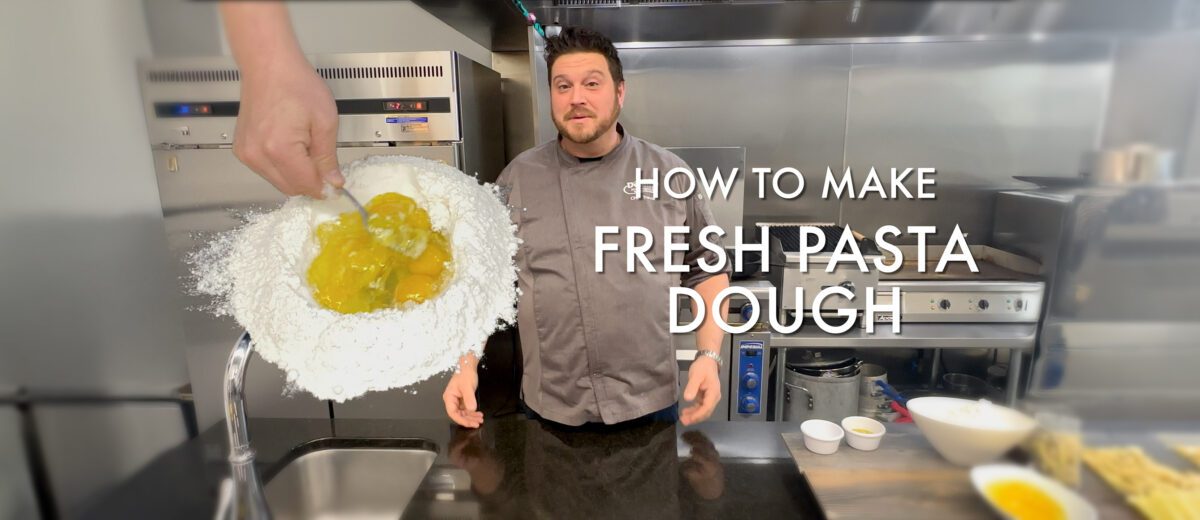 fresh pasta dough banner graphic, chef in grey uniform