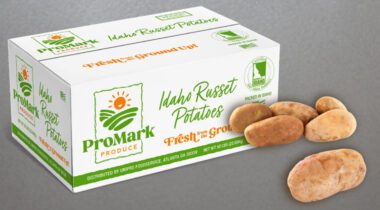 Box of Idaho Russet Potatoes with 6 Russet potatoes graphic image over gray background