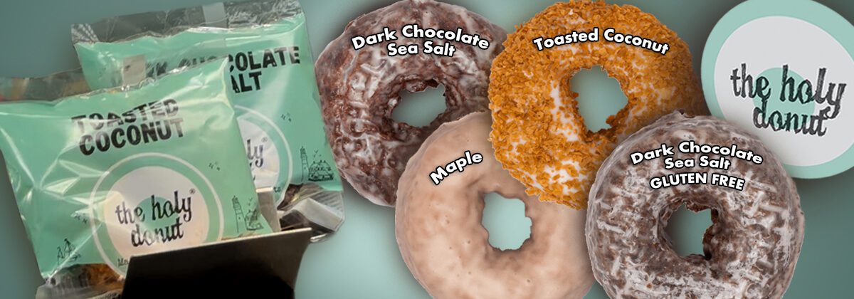 New Graphic image - 4 different donuts and 2 packaged donuts and the holy donut logo