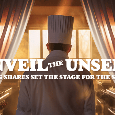 Text says - Unveil the Unseen: Spring Shares Set the Stage for the Season, stage curtains back of chef head banner graphic