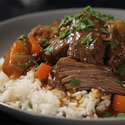 midwest kitchens logo over plate of beef with rice and carrots, gravy