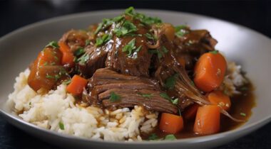 a plate of cooked beef, gravy, rice and carrots.
